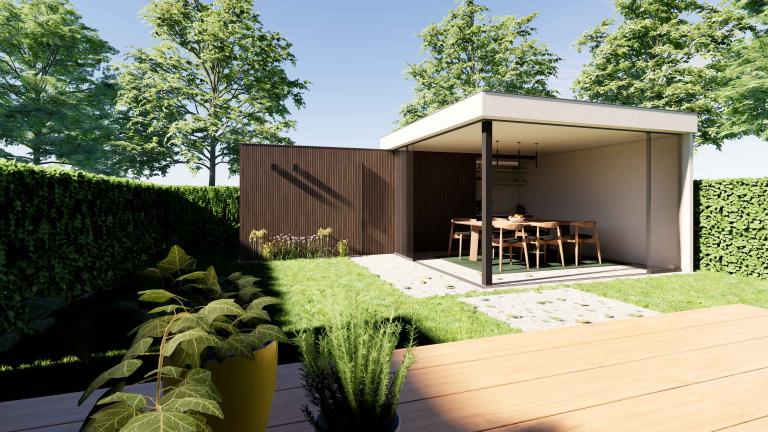 Carpentier Livinlodge buitengebouw in samenwerking met Demaeght zonwering. Een houten constructie met weinor sliding Glass. een tuinkamer volledig op maat naar wens van de klant. Een mooi outdoor design.