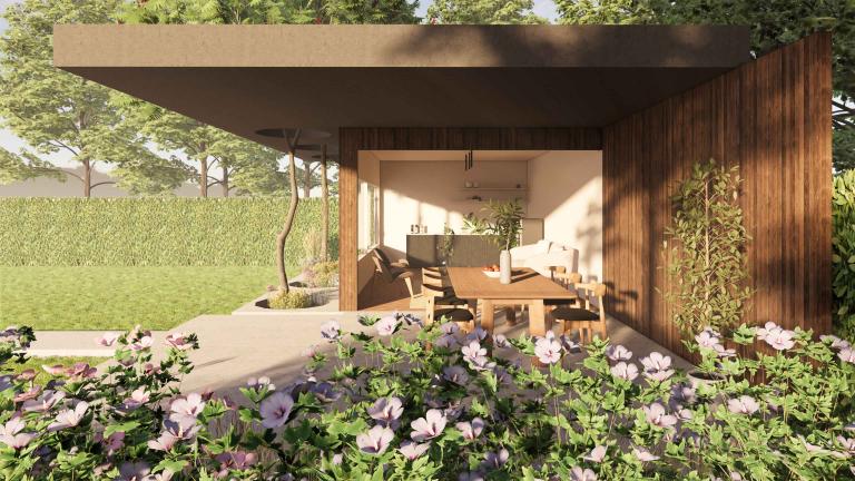 Carpentier Livinlodge buitengebouw in samenwerking met Demaeght zonwering. Een houten constructie met weinor sliding Glass. een tuinkamer volledig op maat naar wens van de klant. Een mooi outdoor design.