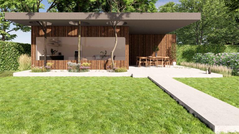 Carpentier Livinlodge buitengebouw in samenwerking met Demaeght zonwering. Een houten constructie met weinor sliding Glass. een tuinkamer volledig op maat naar wens van de klant. Een mooi outdoor design.