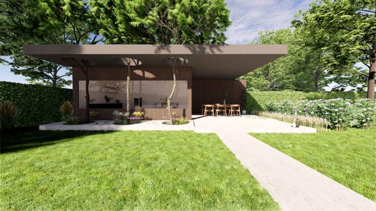 Carpentier Livinlodge buitengebouw in samenwerking met Demaeght zonwering. Een houten constructie met weinor sliding Glass. een tuinkamer volledig op maat naar wens van de klant. Een mooi outdoor design.