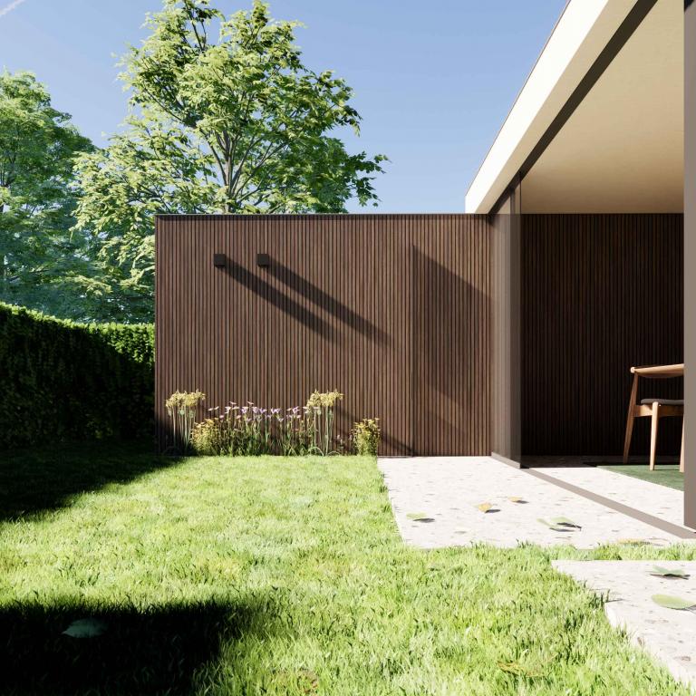 Renson Camargue gekoppeld met een houten tuinberging door Demaeght zonwering. Een terrasoverkapping volledig op maat gecombineerd met een tuinberging van Carpentier met een houten profiel naar keuze. Een hedendaags en strak outdoor concept. Geniet op uw terras in uw eigen tuin. Een stadstuin concept.