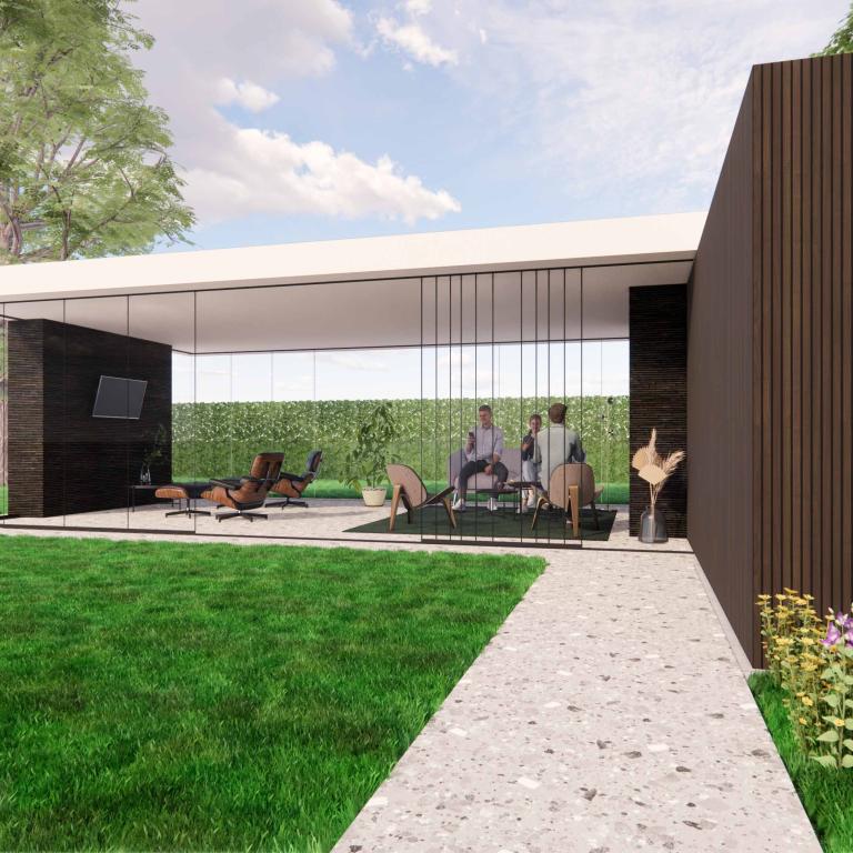Een tuinkamer ontwerp rendered door Demaeght zonwering. Wij plaatsen buitengebouwen volledig op maat naar wens van de klant. Een modern en strak design van Belgische kwaliteit.  Hout gecombineerd met Renson Linarte aluminium profielen en weinor Sliding Glass met een fietsenberging. Geniet van uw tuin en terras het hele jaar door. Architectuur exterieur outdoor design.