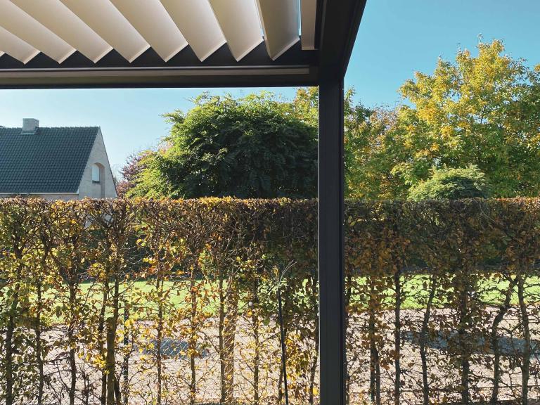 Demaeght zonwering en interieur plaatste aan deze modere villa te Anzegem een Renson Camargue lamellendak. Een aluminium pergola geplaatst tegen de woning met een strak en modern design. Tuinrenovatie en inspiratie.